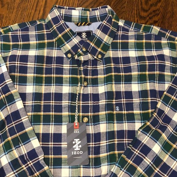 IZOD Men’s Blue Green Plaid Long Sleeve Button Down Shirt Sz XL - Picture 2 of 6